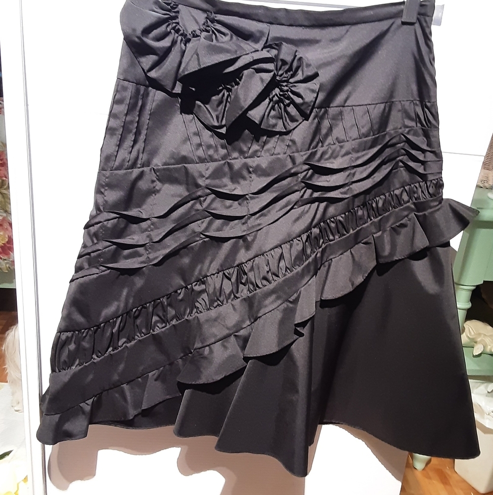 BCBG Black Satin A-Line Skirt with Ruffle Detail